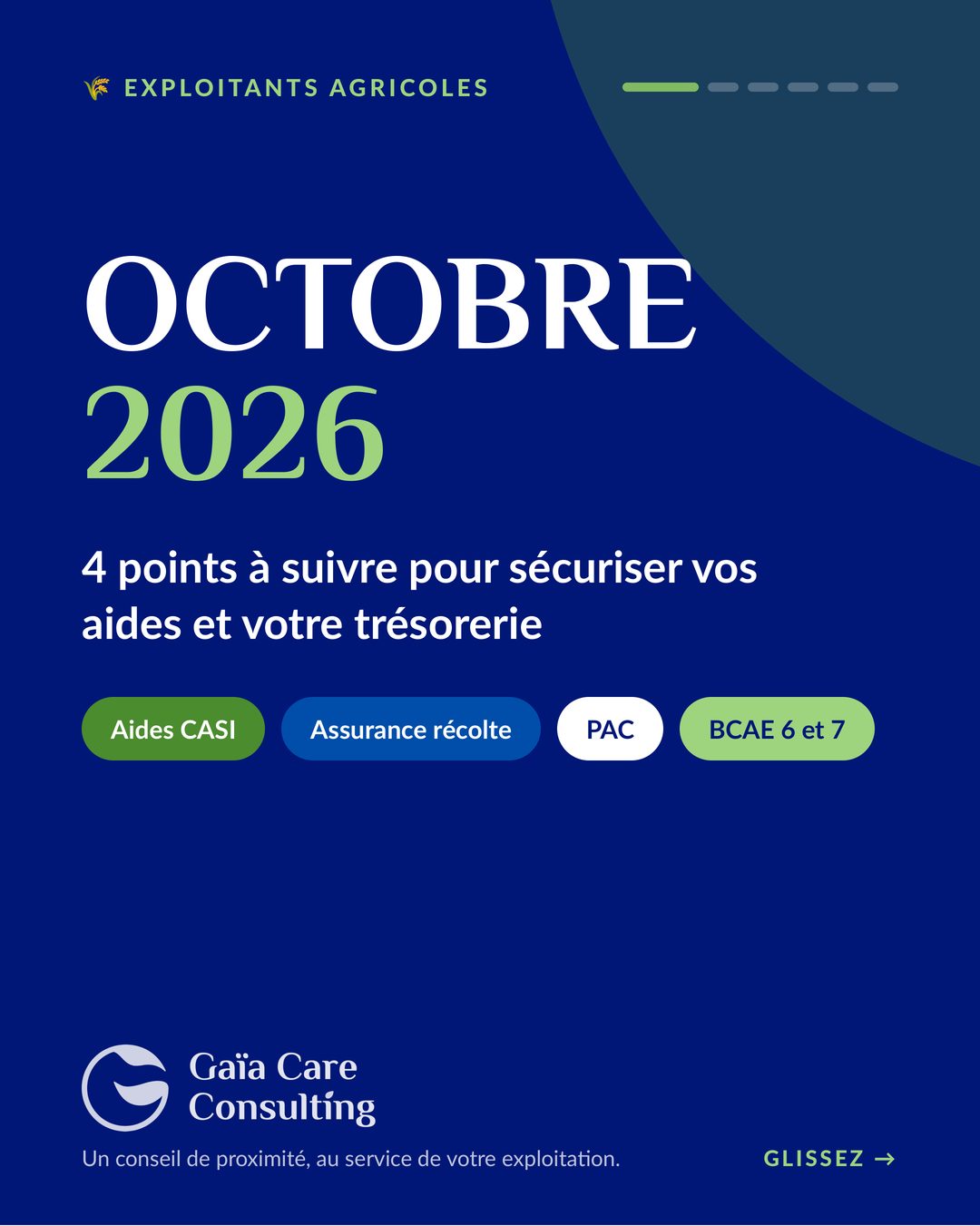 Exploitants agricoles, octobre 2026 : 4 points à suivre pour sécuriser vos aides et votre trésorerie. Aides CASI, assurance récolte, PAC, BCAE 6 et 7.
